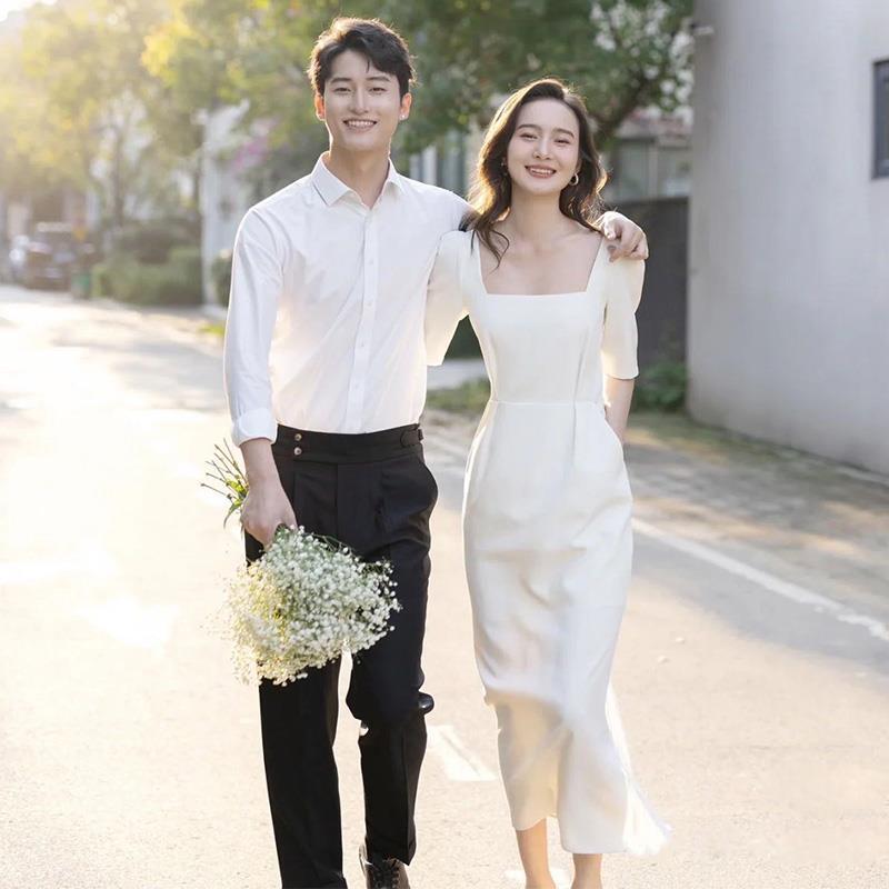 French Satin Light Wedding Dress for Small People, Simple Retro Certificate Registration, Small White Dress, White Elegant Engagement Dress French Satin Light Wedding Dress for Small People, Simple Retro Certificate Registration, Small White Dress, White Elegant Engagement Dress