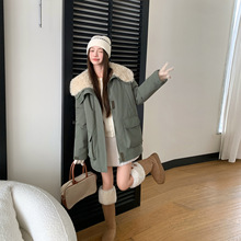 明星同款羊羔毛绒拼接派克服加厚保暖工装棉服女中长款冬季外套