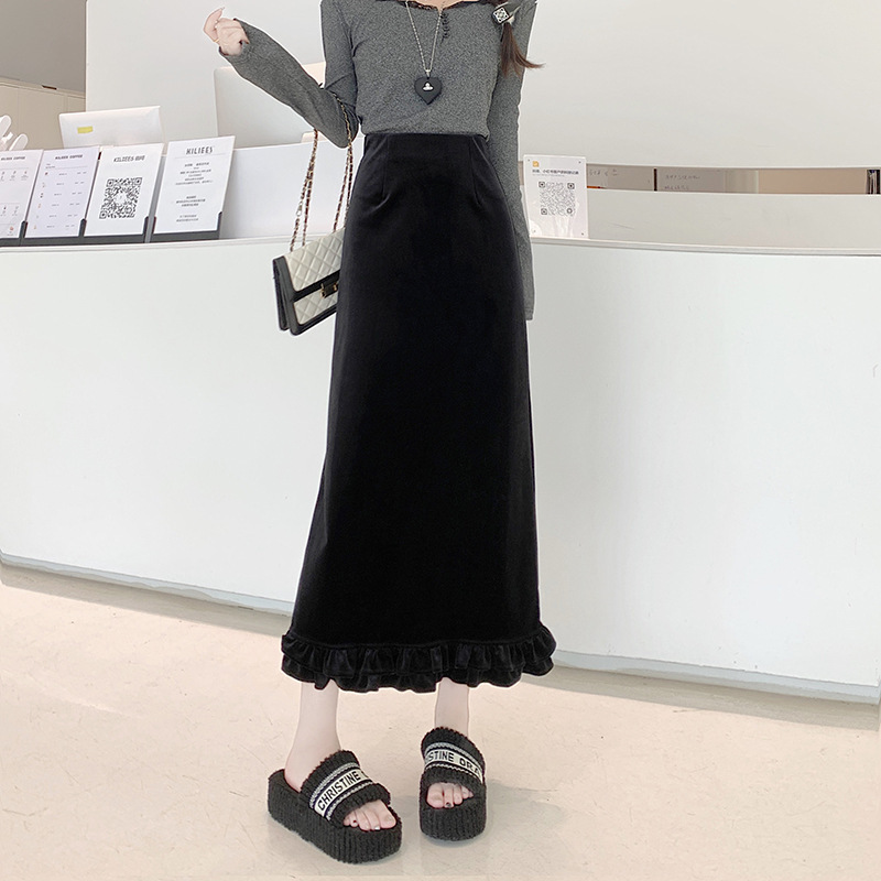 金丝绒软底亲肤加加厚面料半身包臀一步裙松紧腰秋冬中长裙|undefined