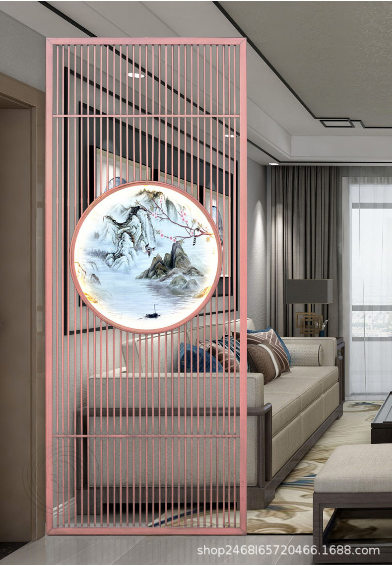 新中式发光灯带不锈钢隔断花格屏风
