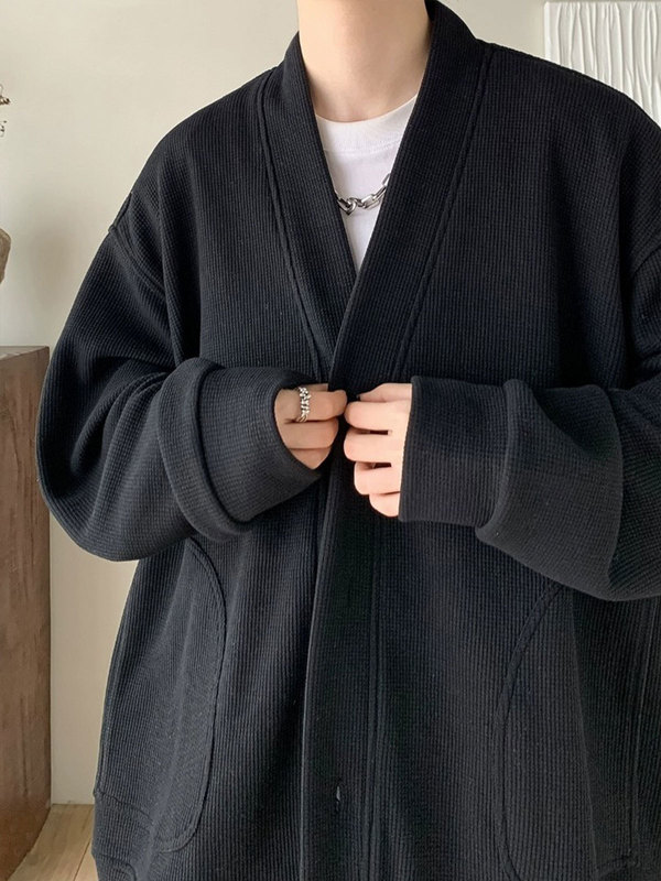 纯黑色日系慵懒风外套男潮感华夫格V领针织开衫情侣春秋夹克|undefined