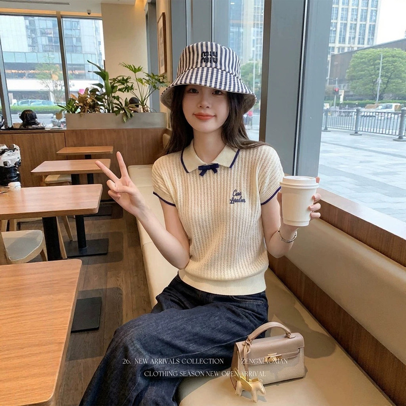 Korean-style youthful color-blocking hollow-out knitted short-sleeve t-shirt polo shirt for women, new summer loose-fitting stylish top Korean-style youthful color-blocking hollow-out knitted short-sleeve t-shirt polo shirt for women, new summer loose-fitting stylish top