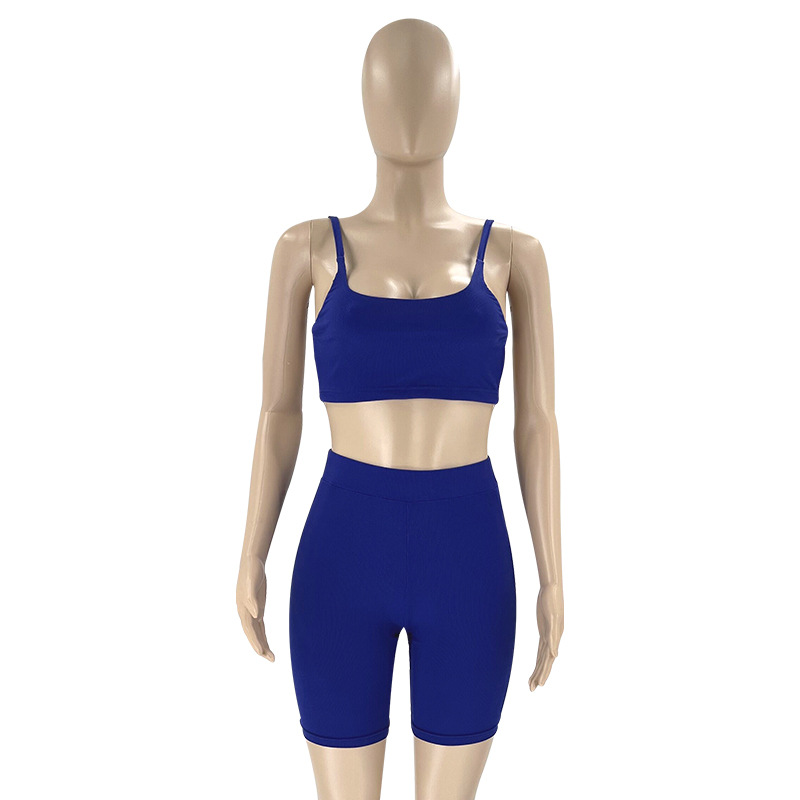 Summer Solid Color Sexy Sling Backless Top Women Clothing Sports Shorts Suit