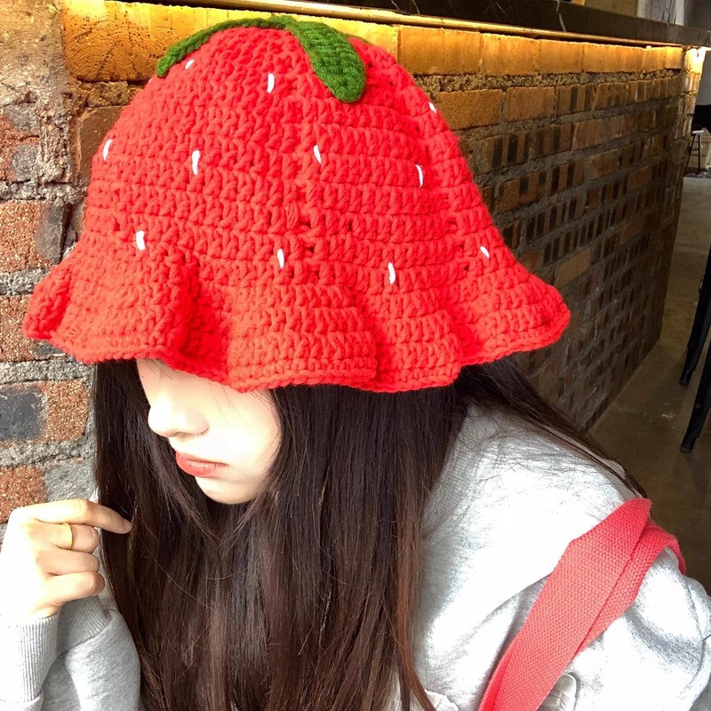 甜美可爱手工编织草莓盆帽女百搭显脸小渔夫帽薄款毛线针织帽子|undefined