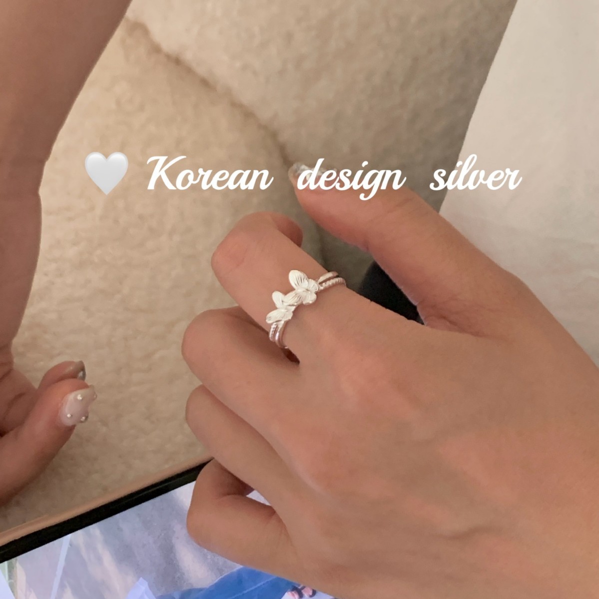 韓國簡約設計亮銀飾品 S925純銀開口靈動雙蝴蝶戒指可調節女指環