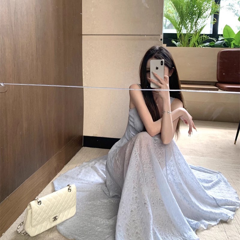 ブルーレースベストサスペンダードレス女性の夏フレンチスタイル海辺リゾートスタイルデザインウエストロングスカート|undefined