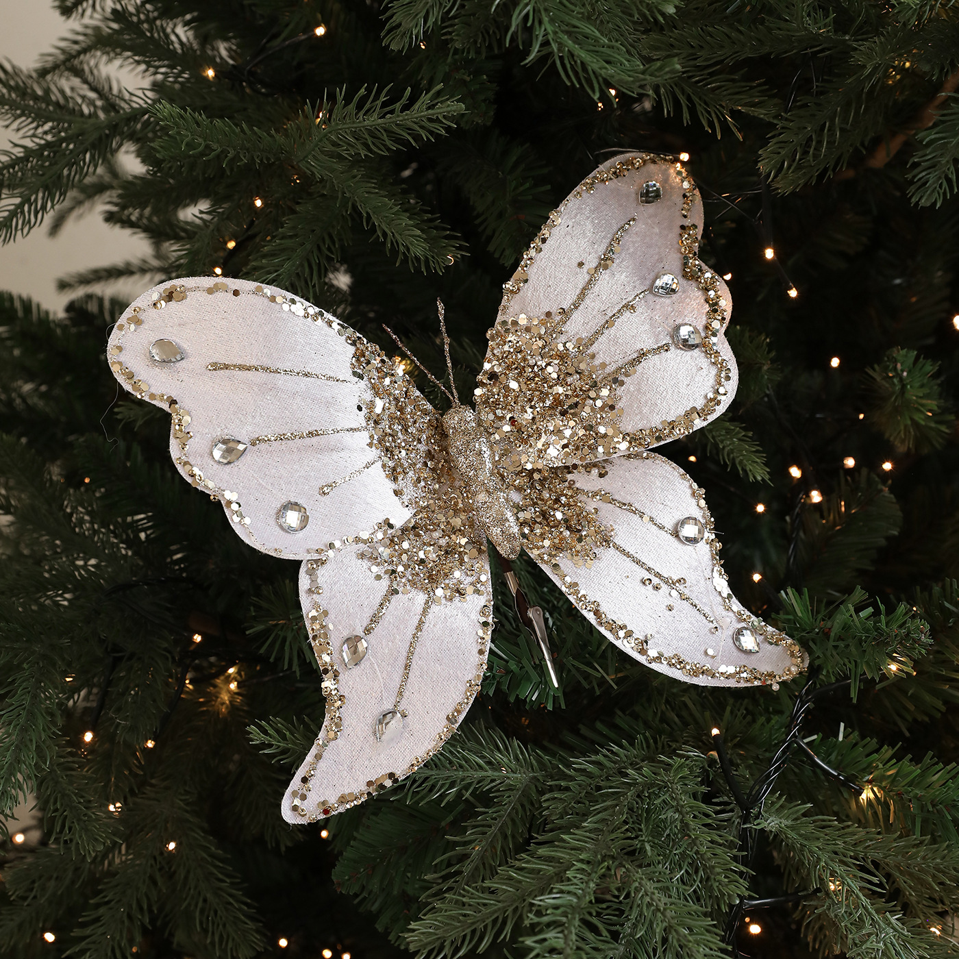 Tela transfronteriza de alta calidad simulación abrazadera de arco de mariposa tela de polvo pegajoso flocado árbol de Navidad decoración colgante diseño de escena