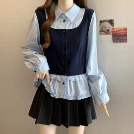 胖MM甜美减龄假两件长袖衬衫25秋新款设计感撞色拼接木耳边上衣