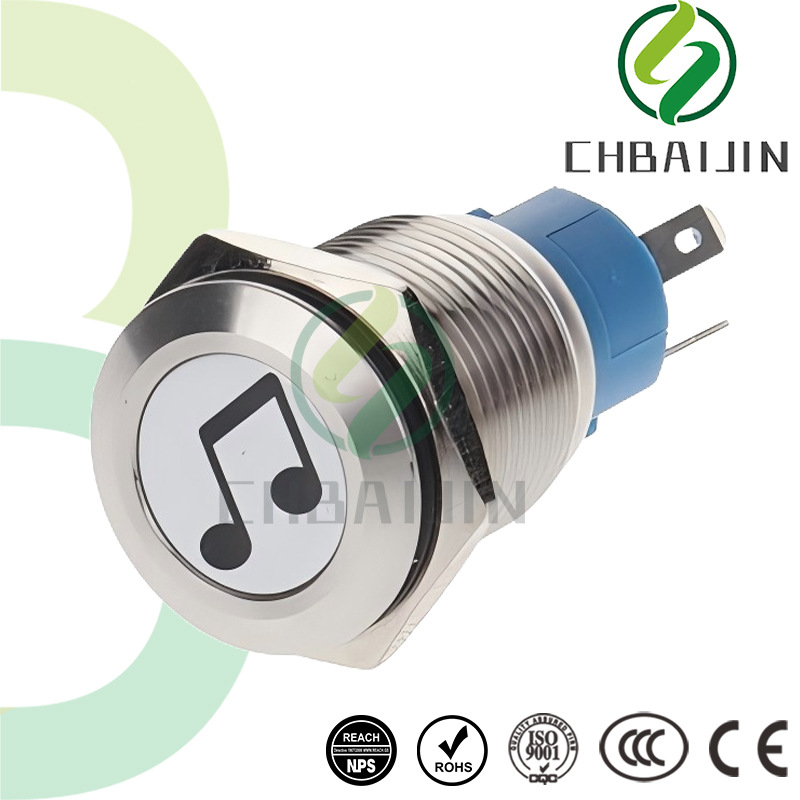 16/19/22/25/28/30MM平高头球头按钮防水金属开关不锈钢音乐符号