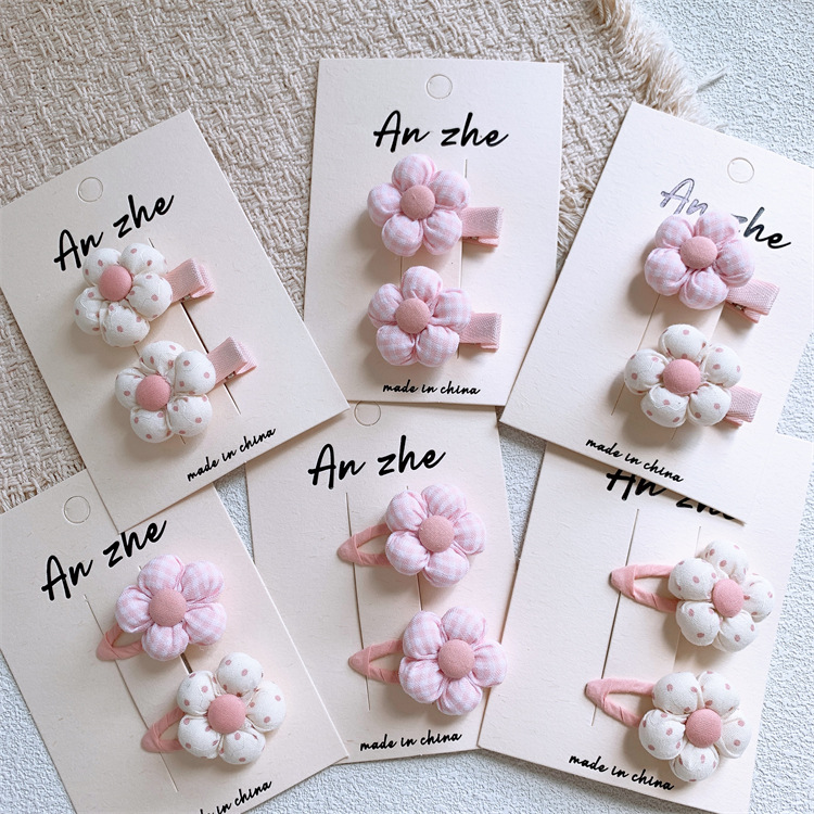 Children's Pink Cotton-filled Plaid Flower Hair Clip, Sweet And Cute...