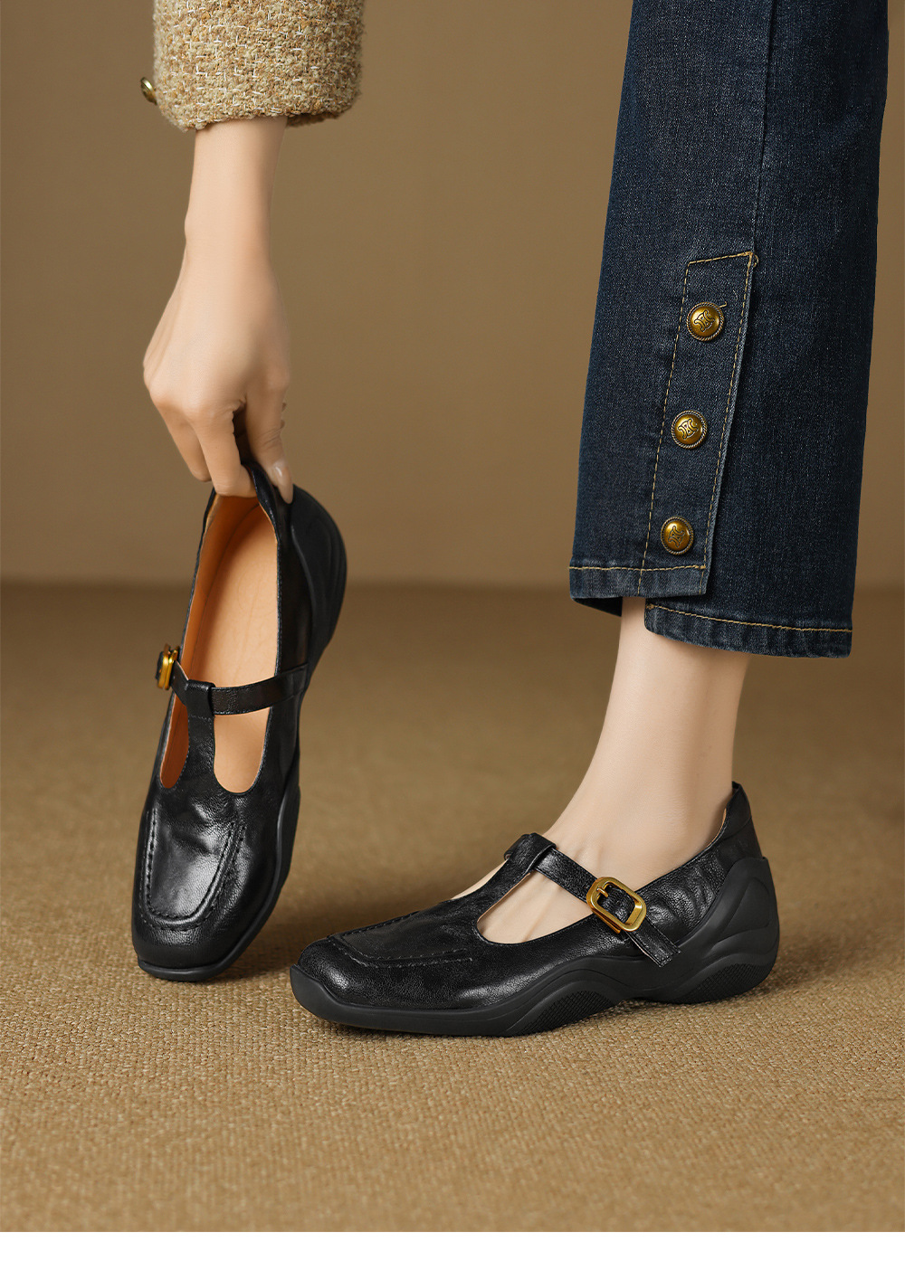 Giày sandal nữ quai ngang mũi nhọn đế dày da cừu buộc dây — màu nâu chi tiết 7