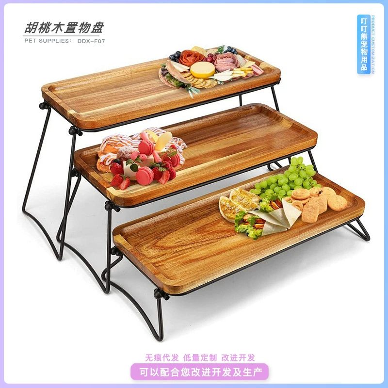 Стеллаж для хранения дерева акации Железный каркас может быть изменен Бамбуковая столовая стойка Наружная трехслойная для хранения продуктов Деревянная тарелка для хранения тусклой