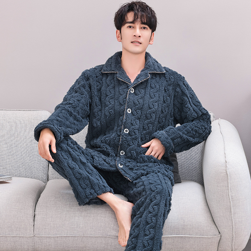 Pijamas de lana de coral coreana para hombres otoño y invierno engrosados franela se pueden usar cardigan de manga larga de invierno conjunto de ropa para el hogar