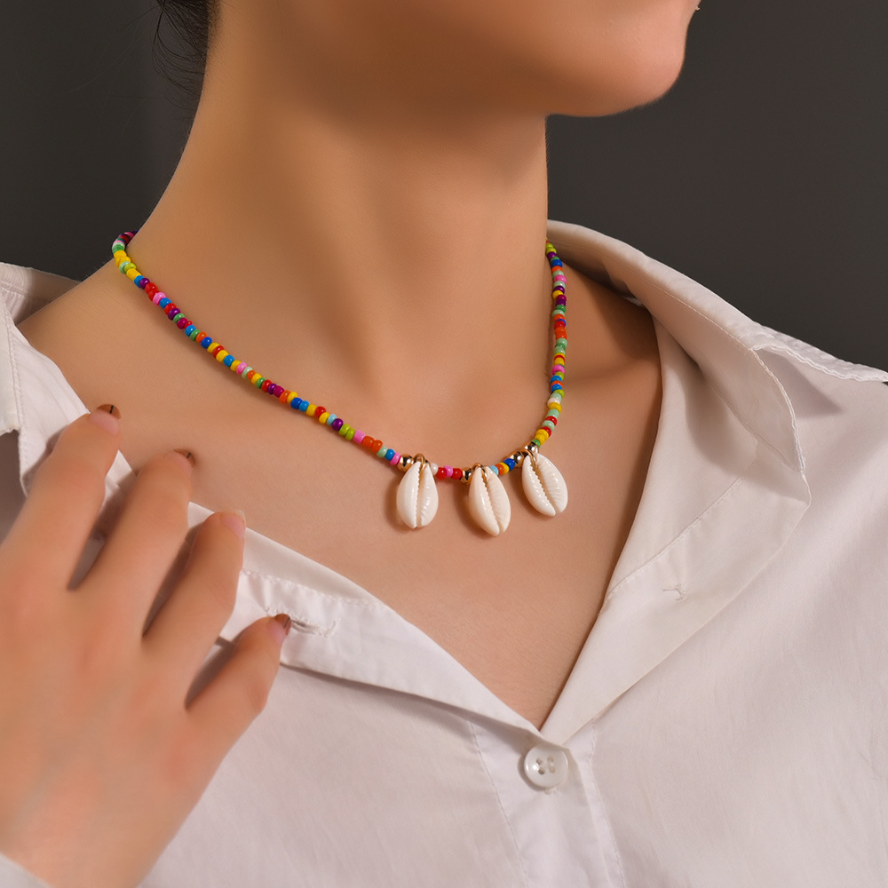 波西米亚民族风彩色米珠项链复古天然贝壳短款颈链锁骨链