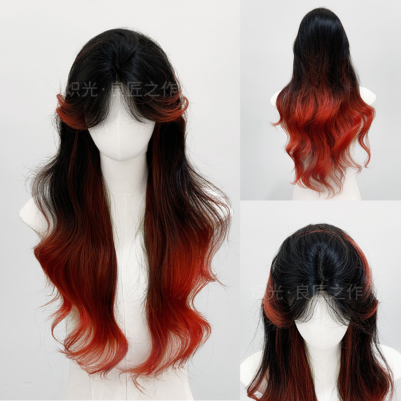 Blazing wig front lace women's long hair big wave special color black and red gradient fashion women's full head cover wholesale cross-border