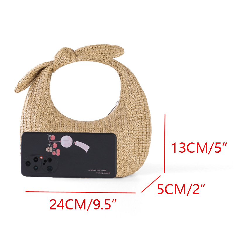Elegant, Streetwear Style Dumpling Shape Shape Small Size Women's Small Straw Bow Knot Elegant Streetwear Dumpling Shape Zipper Handbag