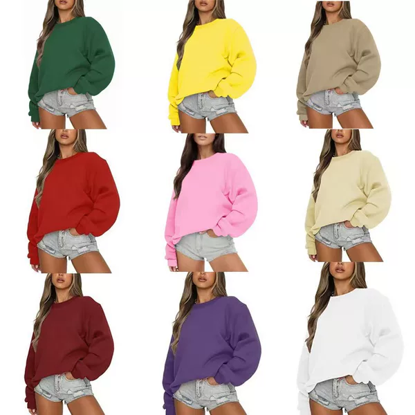 Cross-border men's and women's leisure sports crew neck sweater hip-hop pullover solid color fleece-lined long sleeve bottoming shirt jacket wholesale