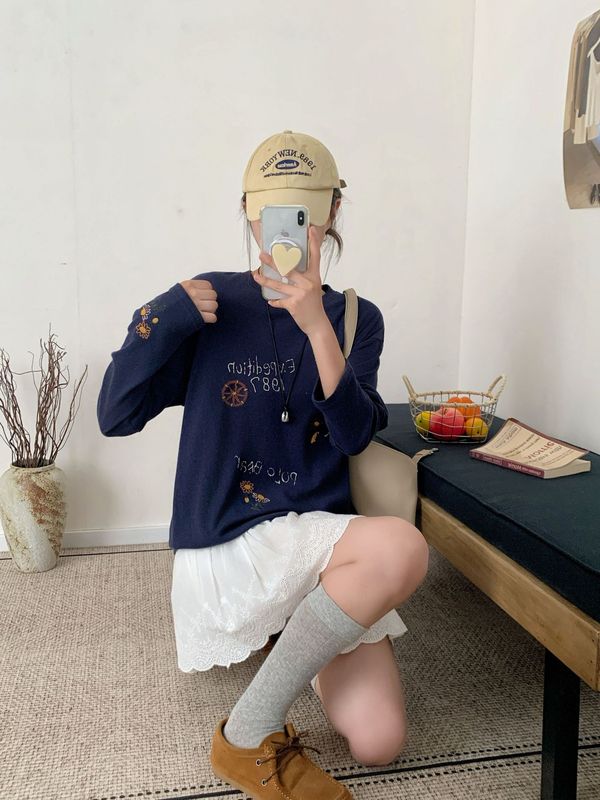 重工刺绣t恤2025秋季新款慵懒感圆领打底衫百搭韩系长袖上衣女|undefined