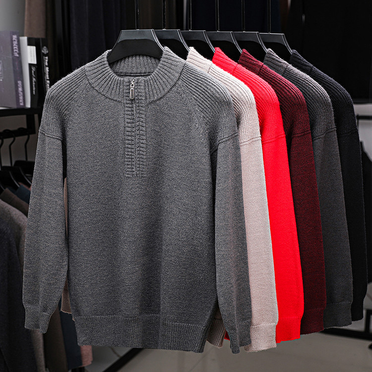 Otoño y invierno nueva temporada de cremallera de cuello alto hombre grueso de mediana edad jersey de punto delgado color sólido simple jersey de punto