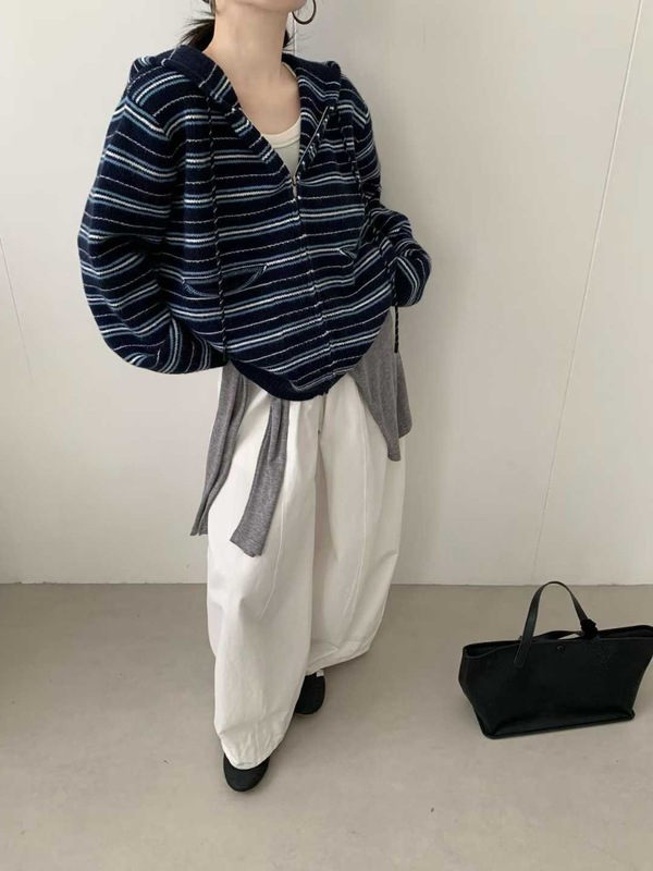 韩系风复古条纹撞色连帽针织毛衣女秋冬新款慵懒风百搭宽松连帽衫|undefined