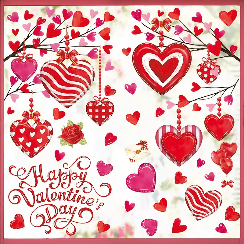 跨境新款情人节爱心窗贴玫瑰花藤情人节日派对橱窗玻璃装饰墙贴