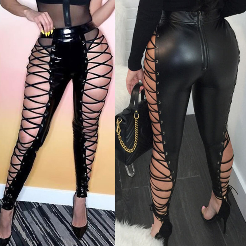 hollow tight Strappy High Waist Leather Pants NSDLY118703