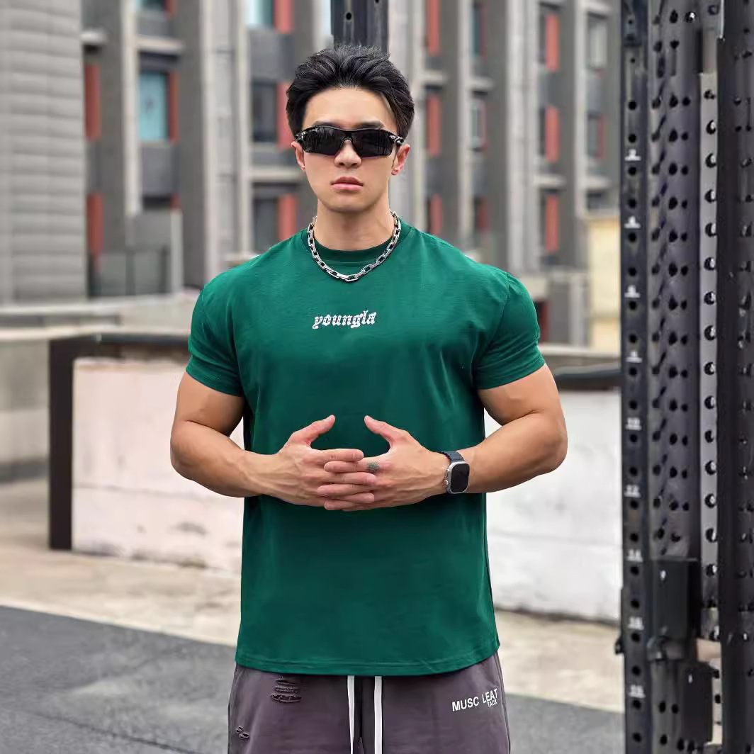 근육 스포츠 티셔츠 크로스 보더 남자 루즈 코튼 피트니스 반팔 남자 농구 달리기 훈련 스포츠 라운드 넥 티셔츠