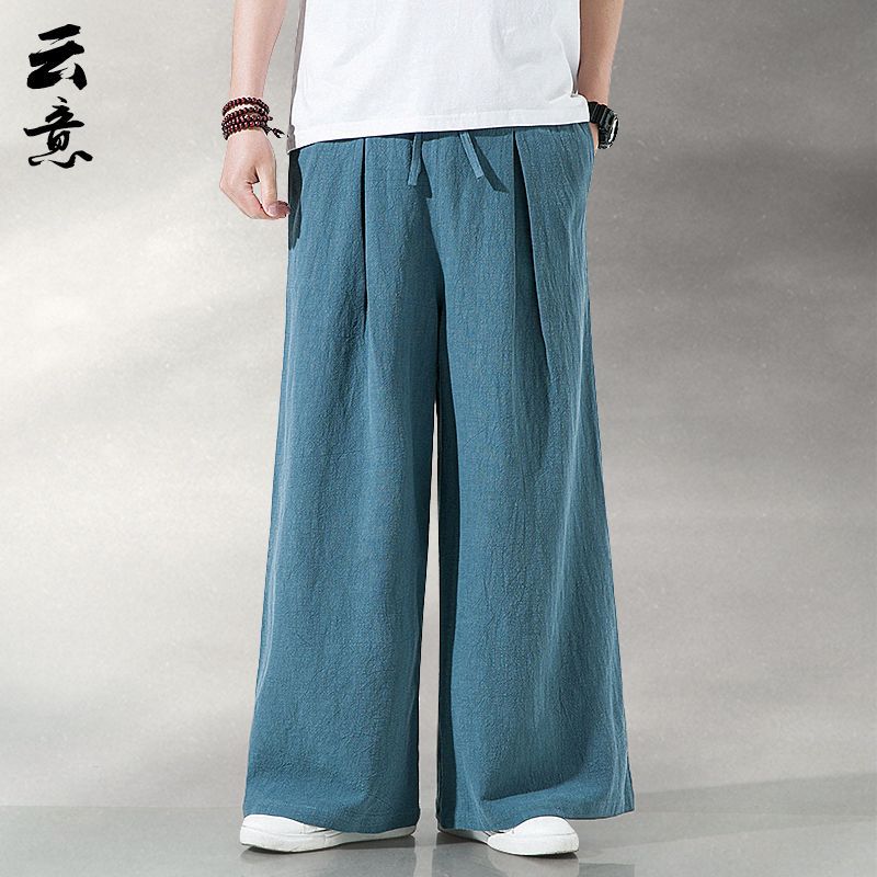 Chinese Style Linen Pants Men's Loose Casual All-match plus size Wide-leg Culottes Pants Pendant Cotton and Linen Pants for Meditation