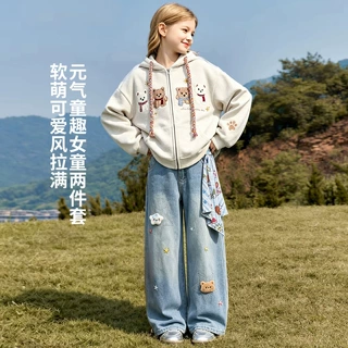 刺绣毛绒小狗女童开衫外套女潮2026秋冬宽松韩系慵懒儿童帽衫卫衣