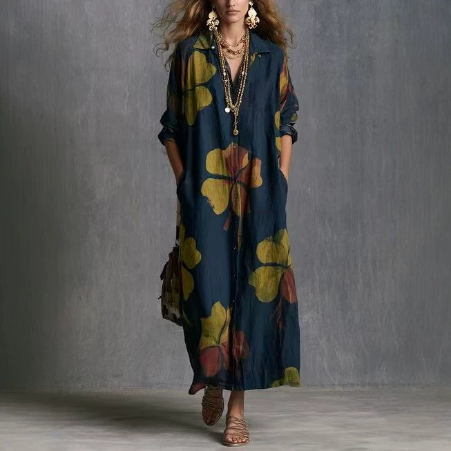 2026 Bohemian Large Floral Print Shirt-Style Long Dress with Turn-Down Collar, Long Sleeves, Loose Fit, and Pockets, Casual Dress for Women 2026 Bohemian Large Floral Print Shirt-Style Long Dress with Turn-Down Collar, Long Sleeves, Loose Fit, and Pockets, Casual Dress for Women
