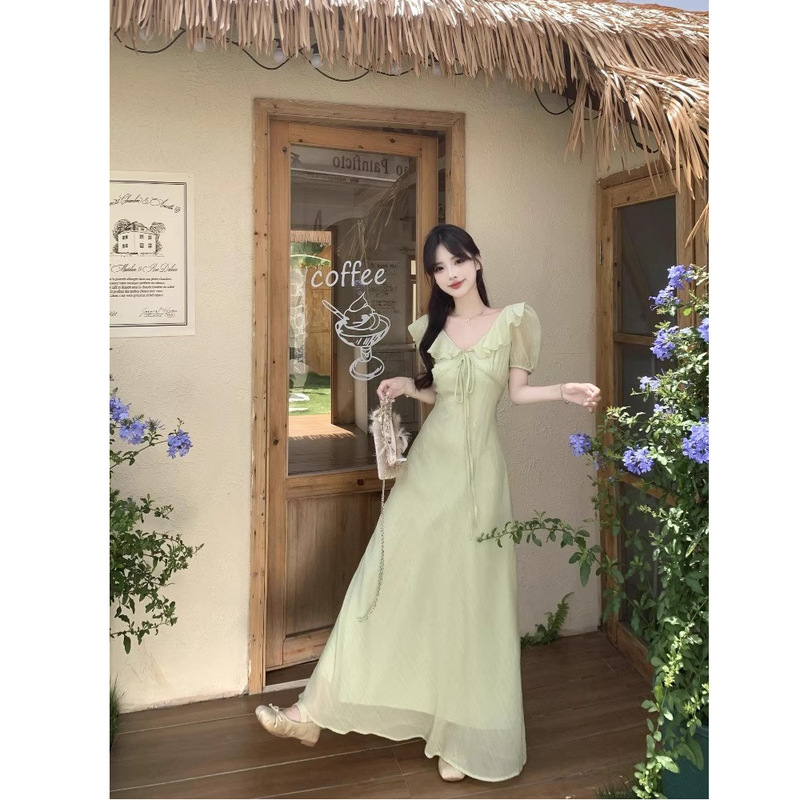 Summer Gentle Ruffled V Neck Puff Sleeve Dress Plus Size Fat mm Elegant Lace-Up Waist Textured Long Skirt