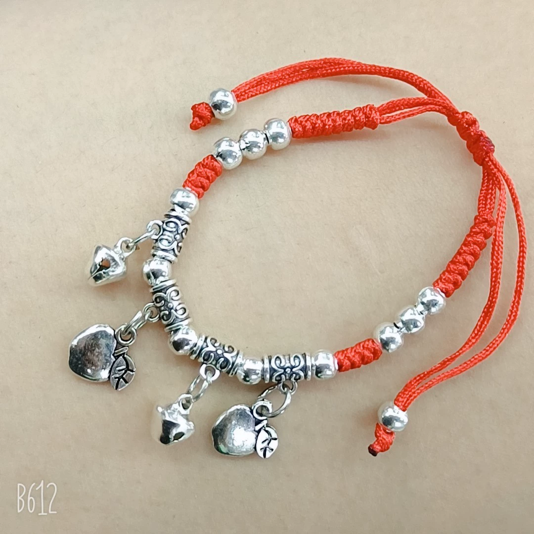 Woven Red Rope Bracelet, Miao/Tibetan Silver Alloy Charms, Ankle & Wrist, Multiple Styles