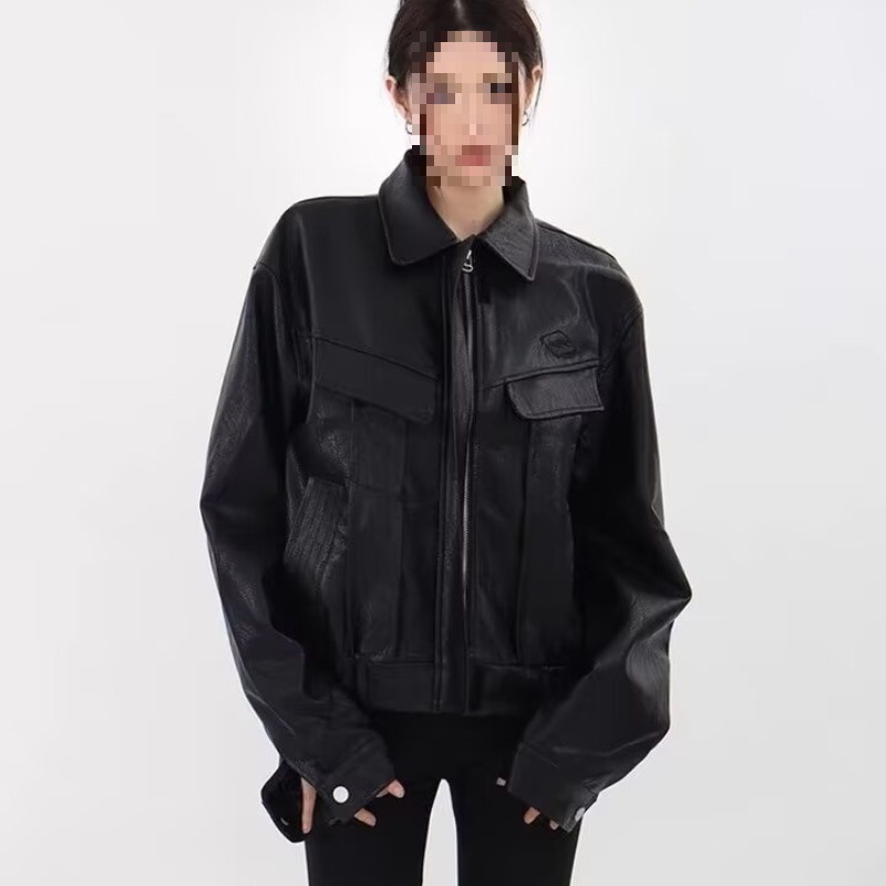 boy Lazy American Retro Short Loose Motorcycle Leather Jacket For Women, Autumn And Winter New High Street Coat_voghion.com