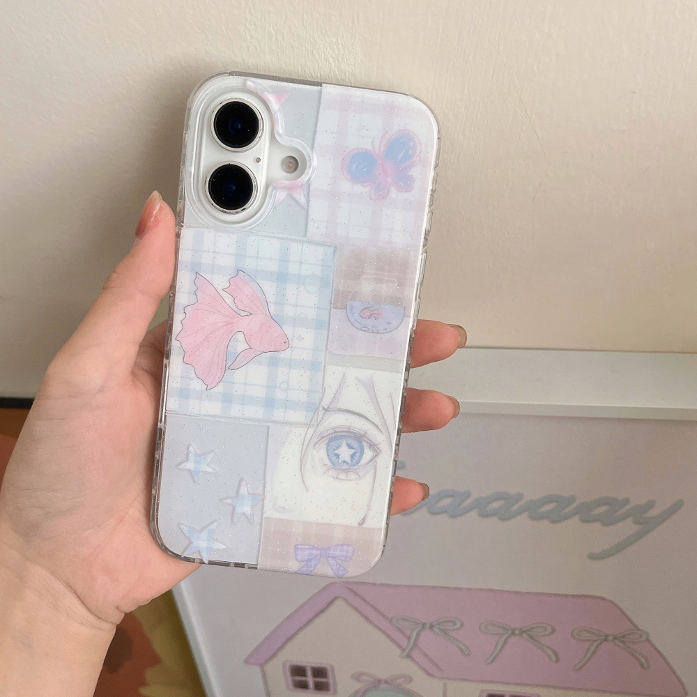 Costuras a cuadros Goldfish Blue Tears Adecuado para Apple 16ProMax Funda para teléfono móvil 15Pro Colgante 14/13 Mujer 15PM