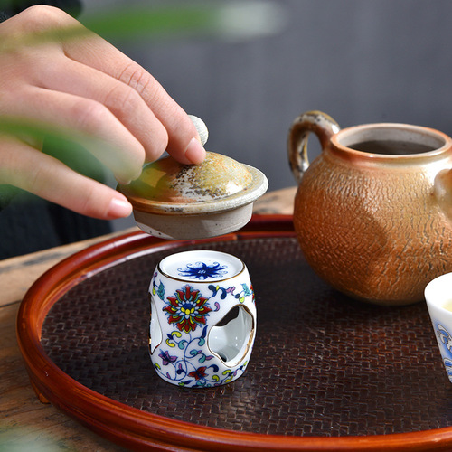 Wooden Lid with Ceramic Blue and White Glaze Home Teapot Lid Carrier Ceramic Teapot Lid Stand Tea Ceremony Zero Match Teapot Lid Carrier Pad Tea Accessories