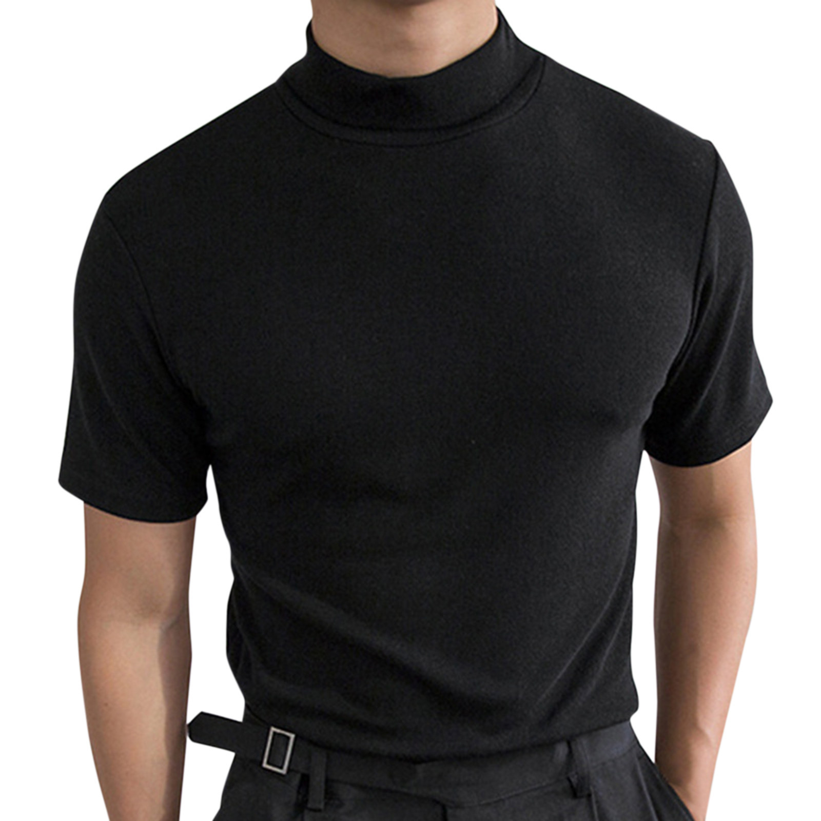 2024 Herbst und Winter Hoher Kragen Kurzarm T-Shirt Herren Unterlage Einfarbig Top_voghion.com