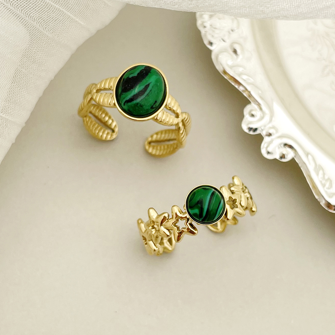 10g Weight PVD Coated Gold Plating Process Wholesale Jewelry Retro Geometric 304 Stainless Steel Turquoise 14K Gold Plated Plating Stainless Steel Rings