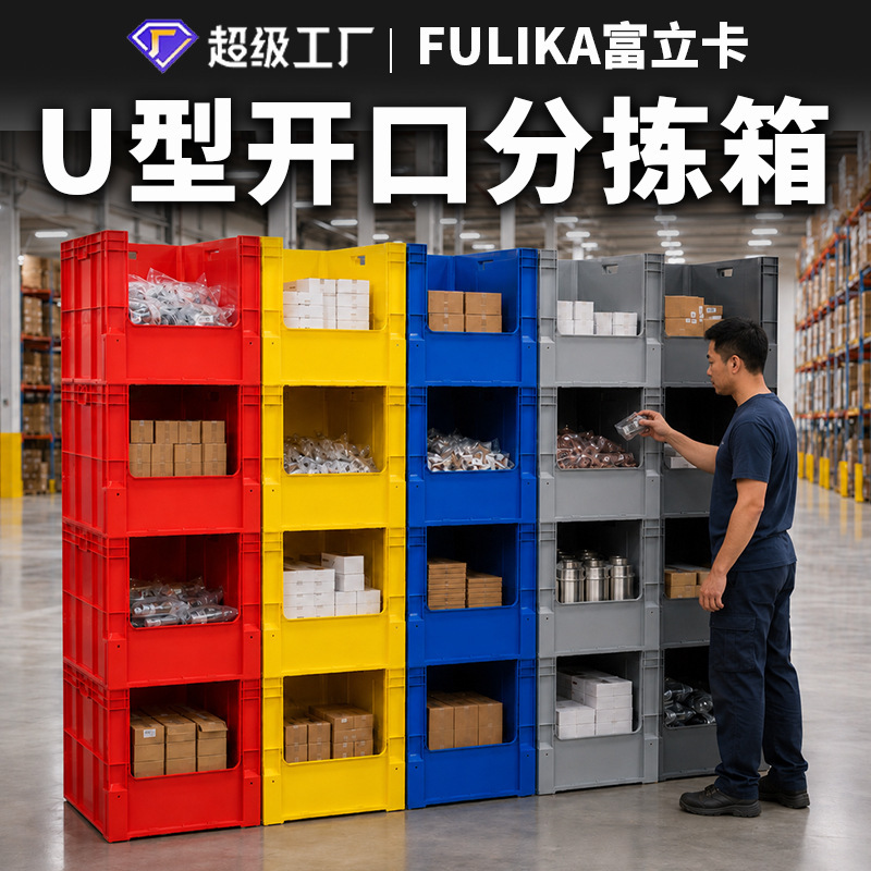 Fulika U-Shaped Open-Top Boxes Can Be Stacked and Used as Shelves for E-Commerce Storage, Sorting, and Material Handling Boxes, Industrial Turnover Boxes Fulika U-Shaped Open-Top Boxes Can Be Stacked and Used as Shelves for E-Commerce Storage, Sorting, and Material Handling Boxes, Industrial Turnover Boxes