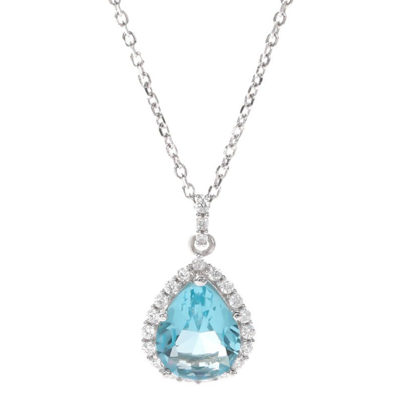 Luz de lujo nicho diseño de alto grado temperamento ZIRCON colgante Cadena de clavícula S925 plata esterlina gota de agua mar azul collar de circonio