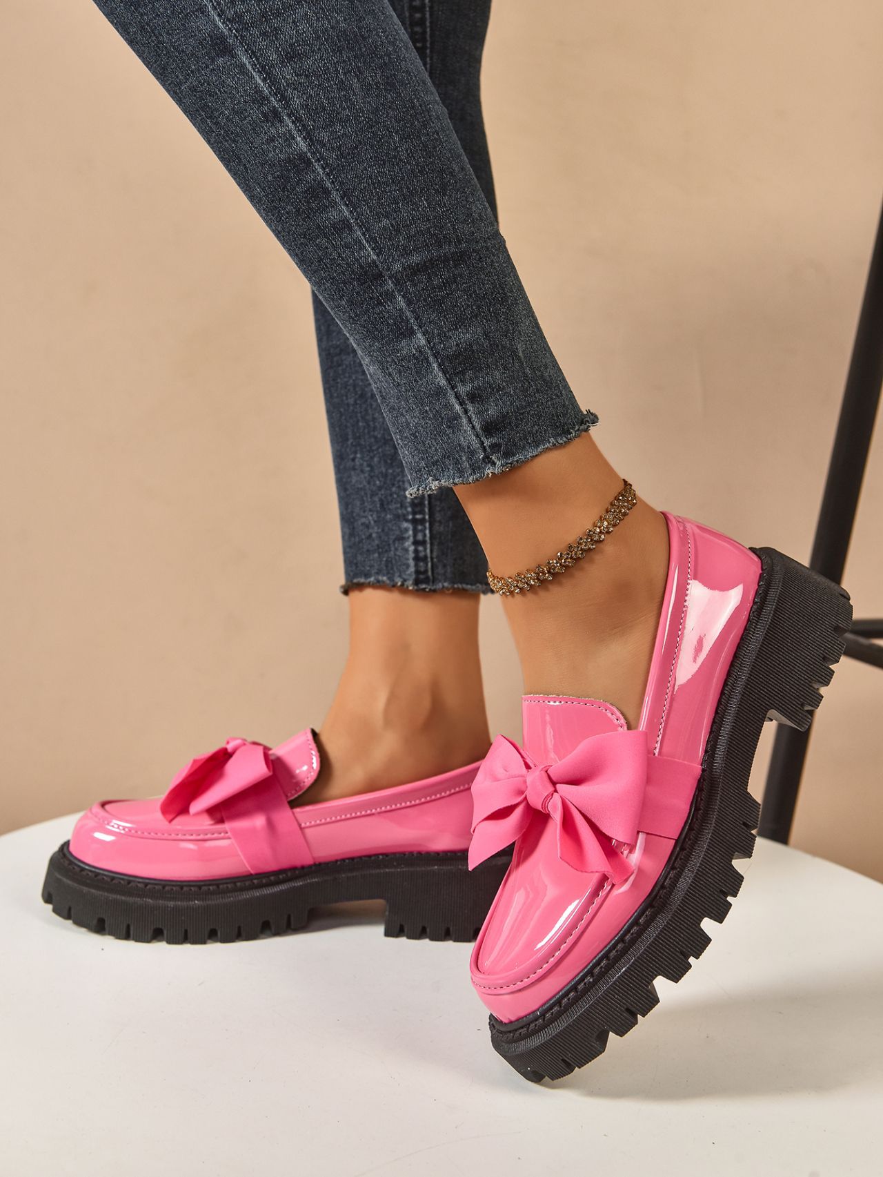 Women's Plus Size Bow Tie Platform Loafers For Autumn Leather_voghion.com