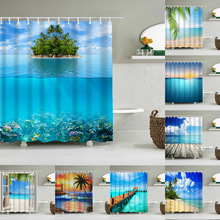 海边沙滩海浪椰树浴帘 夏季海洋天空浴室帘 涤纶防水亚马逊速卖通