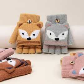 儿童冬季半指翻盖卡通针织保暖加绒露指可爱男童手套批发女童防寒