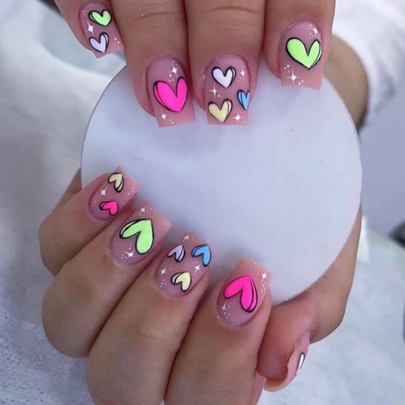 Pink Frosted short square Valentine's Day wear nail nail piece rainbow love design cross-border removable fake nail patch Pink Frosted short square Valentine's Day wear nail nail piece rainbow love design cross-border removable fake nail patch