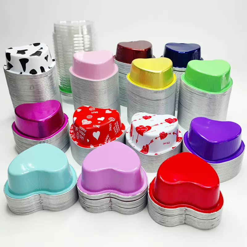 100mL彩色心形耐烤杯铝箔布丁杯铝箔容器慕斯心形哈根达斯杯 带盖