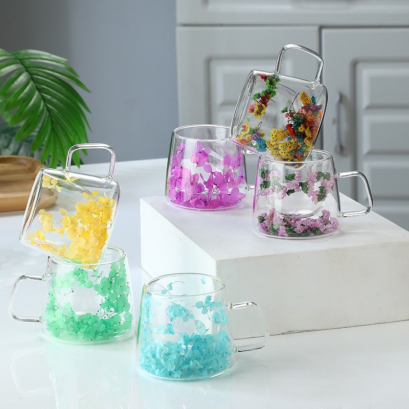 Cross-border Packaging: Trendy Real-flower Glass Cup, High-appearance Coffee Cup Handle, Double-layer Mug With Dried_voghion.com