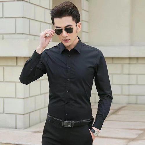 Student Youth Han Version Slim Fit Solid Color Long Sleeve Shirt Men Iron-Free Business Formal Solid Color Work Uniform Shirt
