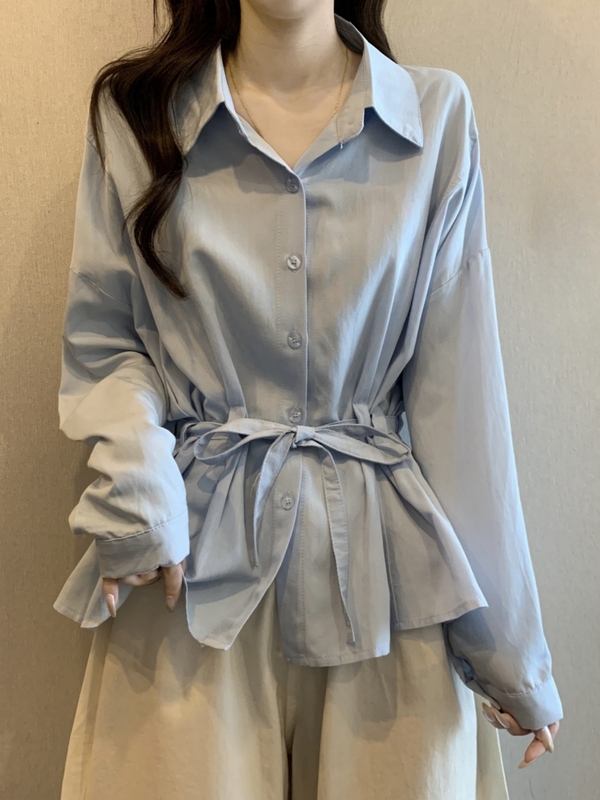 蓝色长袖打底衬衫女春秋新款大码胖mm显瘦遮肚设计感系带收腰上衣|undefined