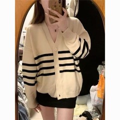 秋冬新款宽松学院风V领开衫毛衣女慵懒休闲复古撞色条纹针织衫