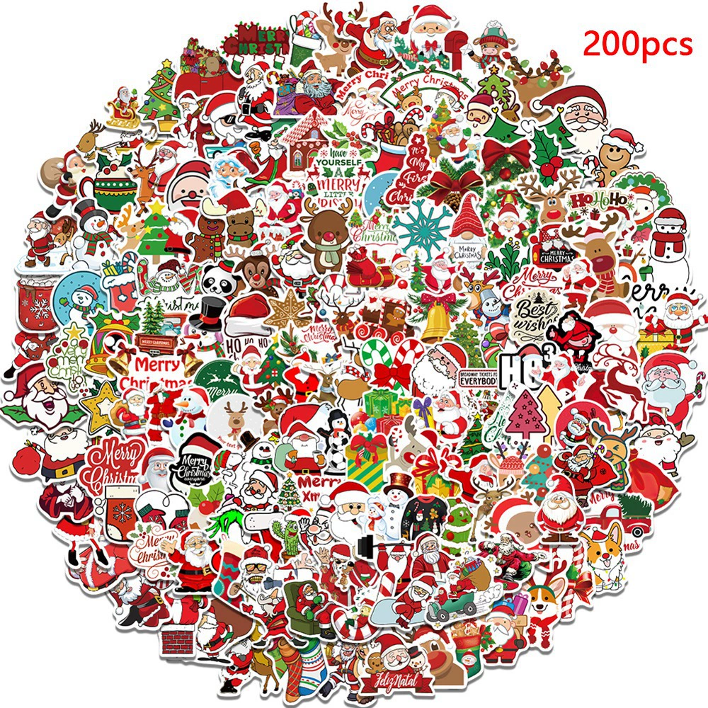 200 неповторяющихся рождественских граффити наклеек Санта-Клаус подарок багажный компьютер холодильник Праздничные наклейки