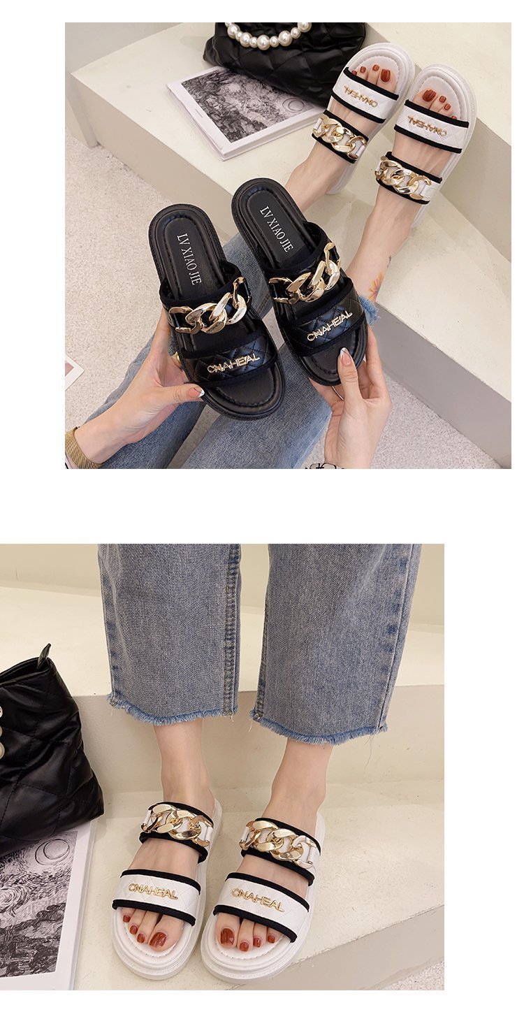 Damen-Oberbekleidung, Keilabsätze, Influencer-Intrend-Sandalen, 2021 neuer Mode-Tanga mit Metallkette und dicker Sohle_voghion.com